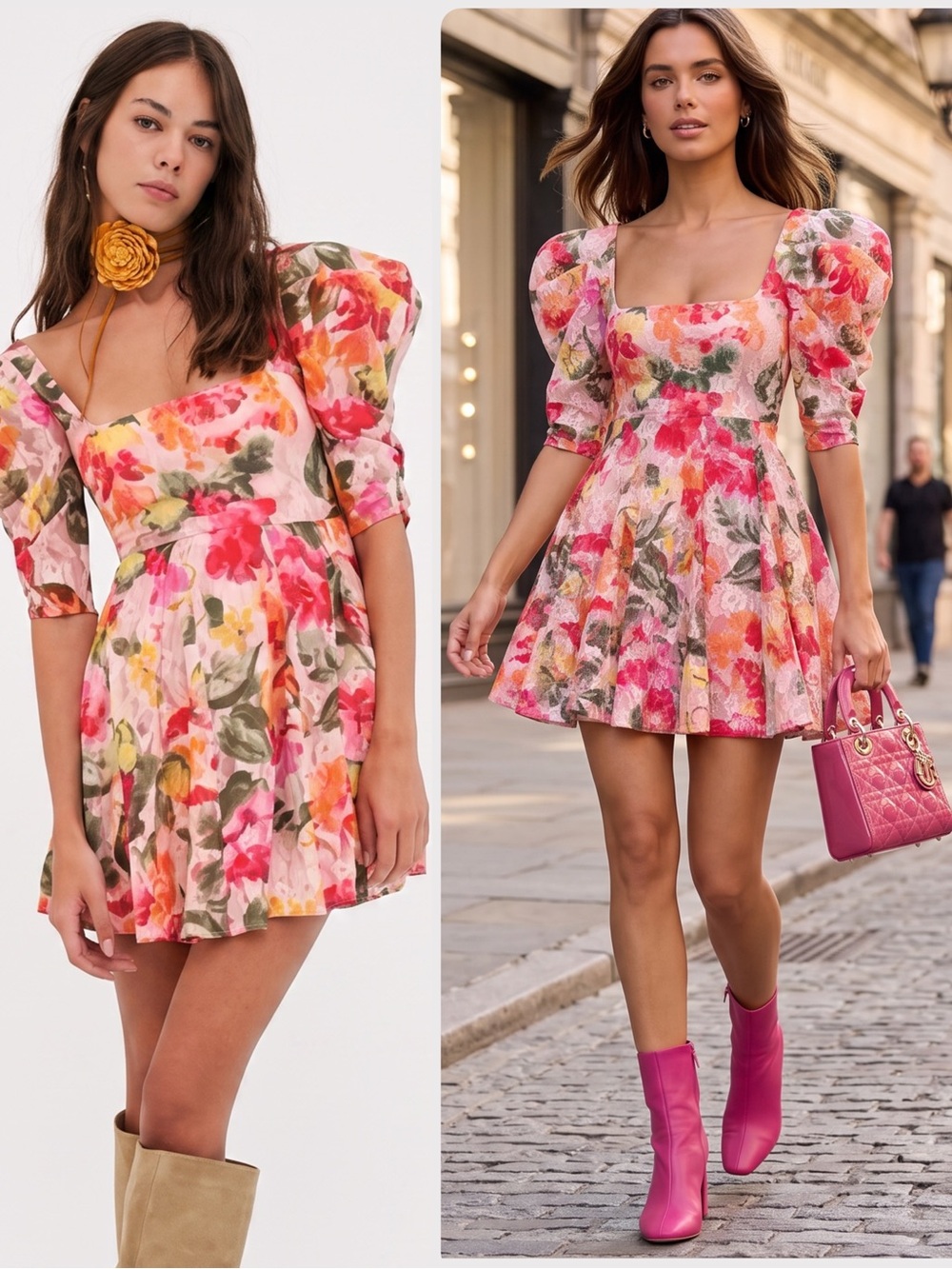 For Love & Lemons Dascha Lace Pink Floral Puff-Sleeve Mini Dress NWT $239
